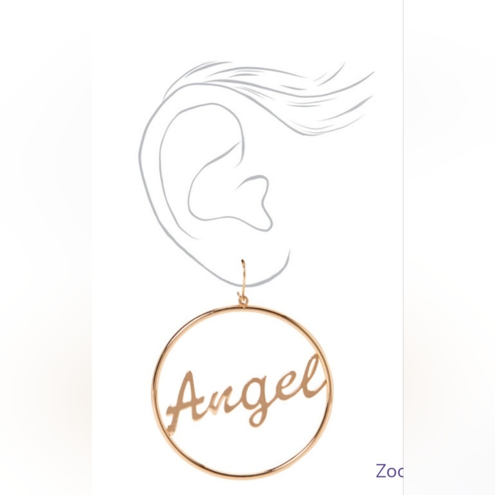 Gold 2" Angel Script Circle Drop Earrings